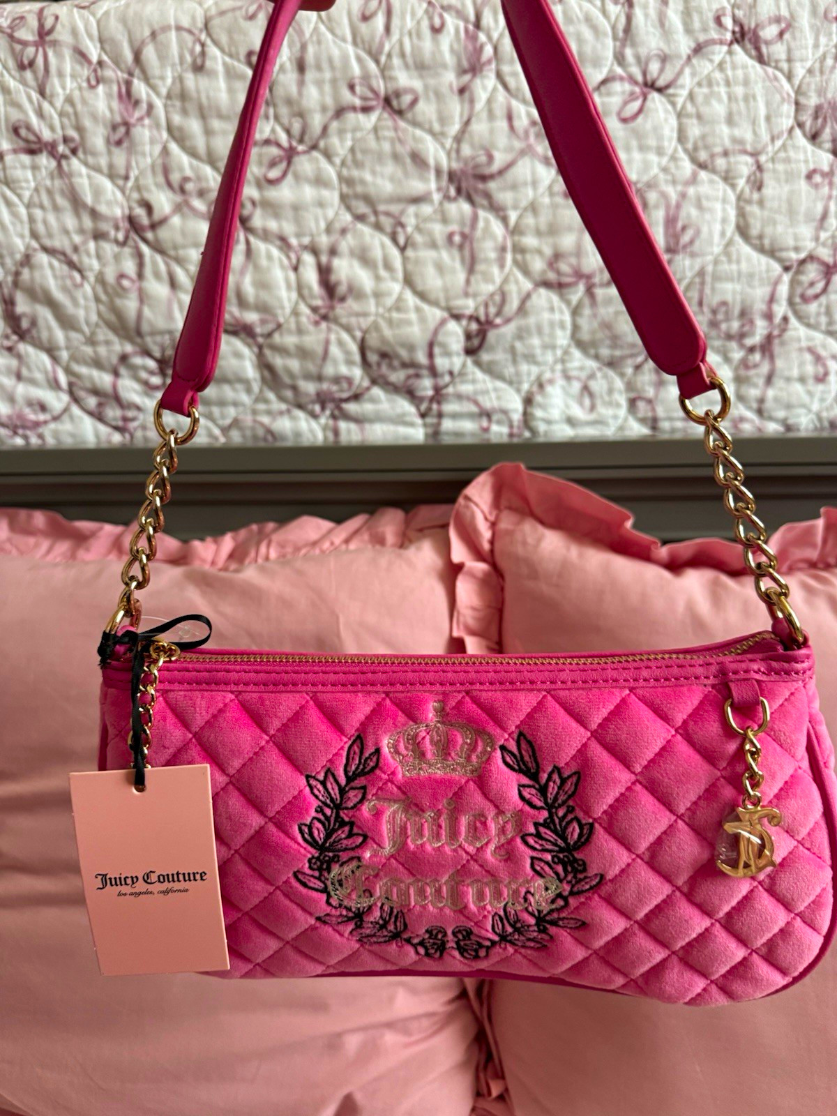 Juicy Couture Pink Quilted Shoulder Bag Gold Chain Strap Zip, Lined + Card