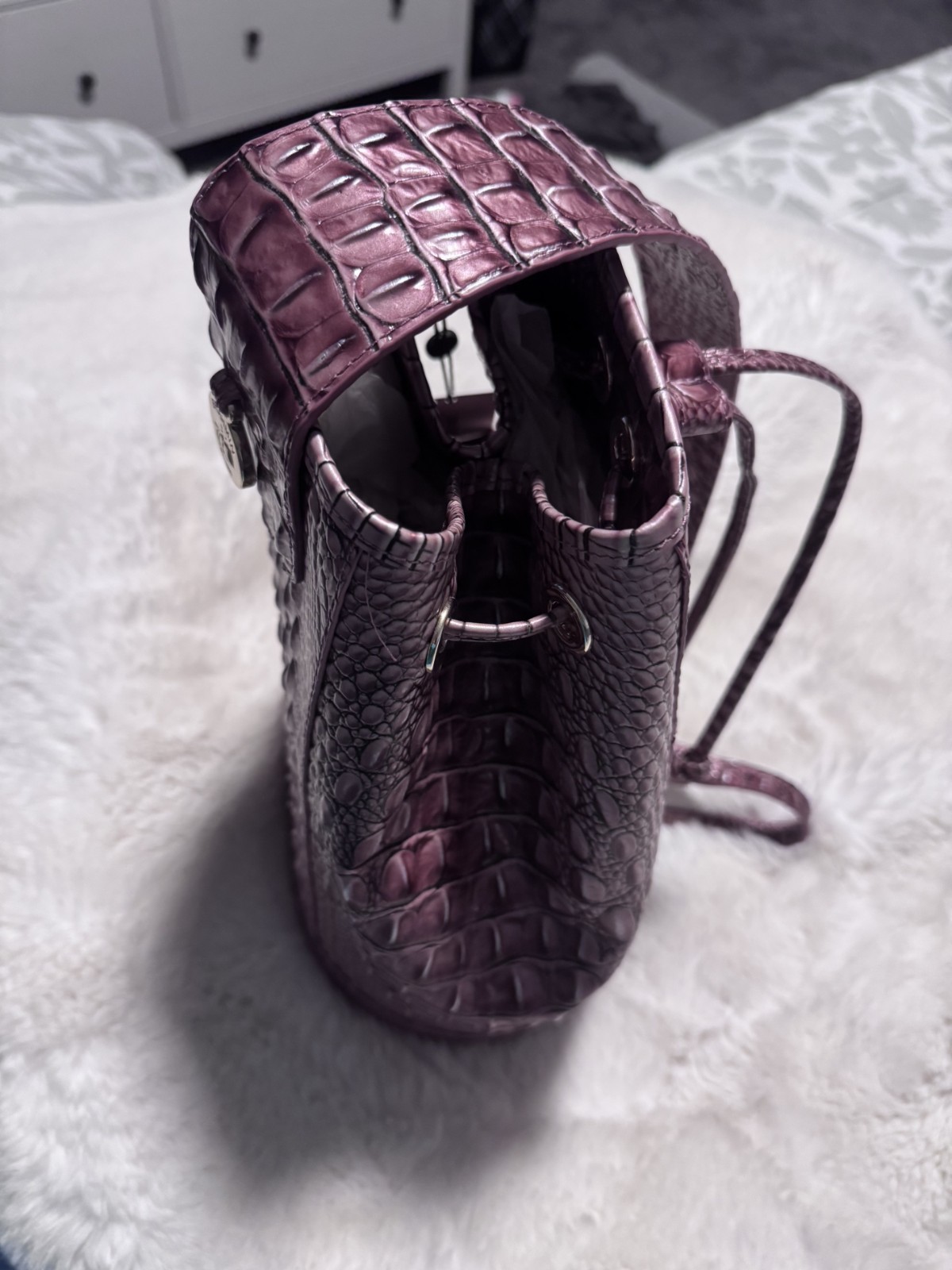 Brahmin Burgundy Embossed Animal Print Bucket Drawstring Bag