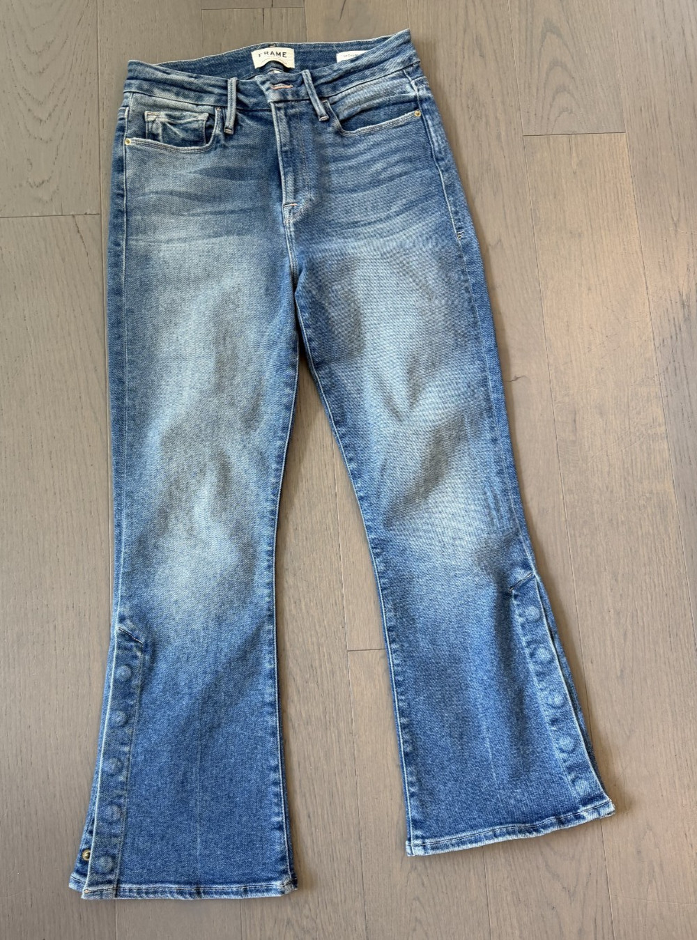 FRAME Blue Jean Le Crop Mini Boot Size 28 Leg Snap Buttons