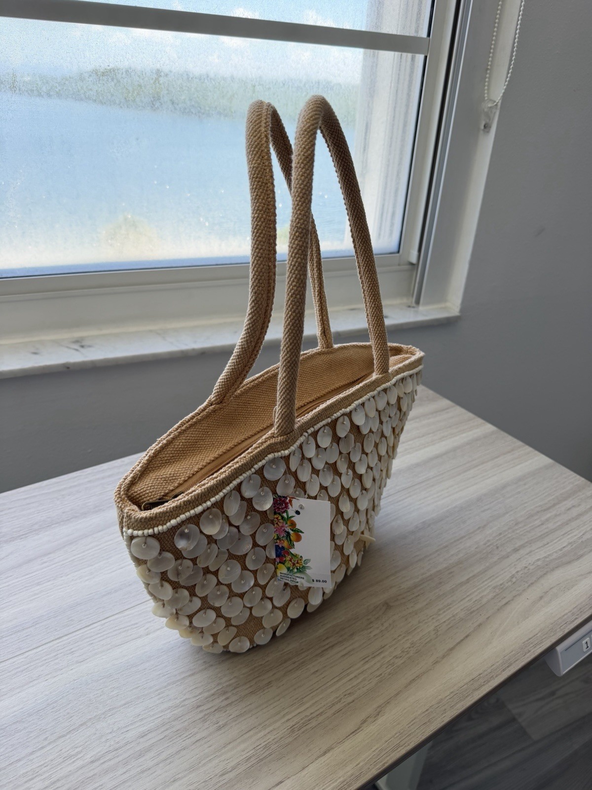 Women’s Tan Woven Tote Bag w/ Shell Disc & Beaded Accents, Double Handles