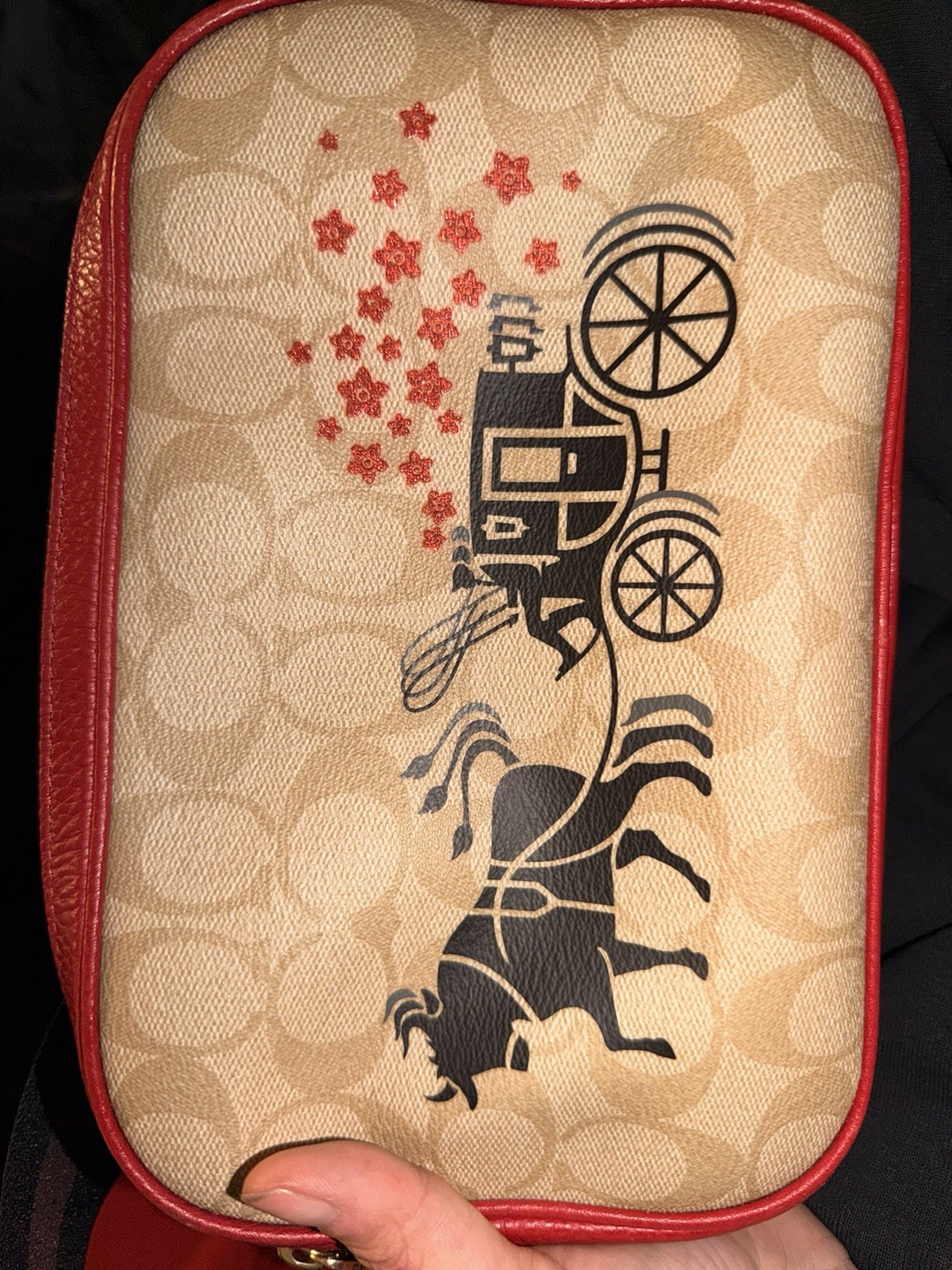 Coach Signature Disney Cinderella Small Crossbody Zip Bag Beige Red Gold Strap