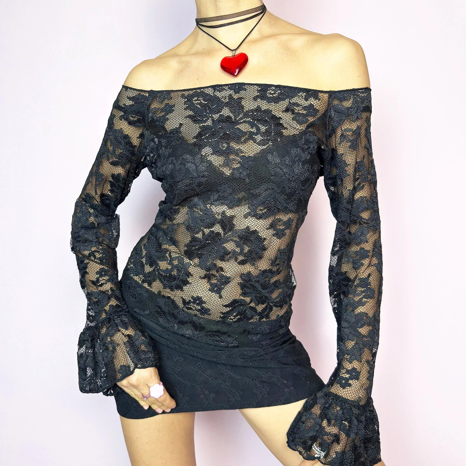 Vintage Black Lace Sheer Top Off Shoulder Bell Sleeve Party Y2K 2000s Size M