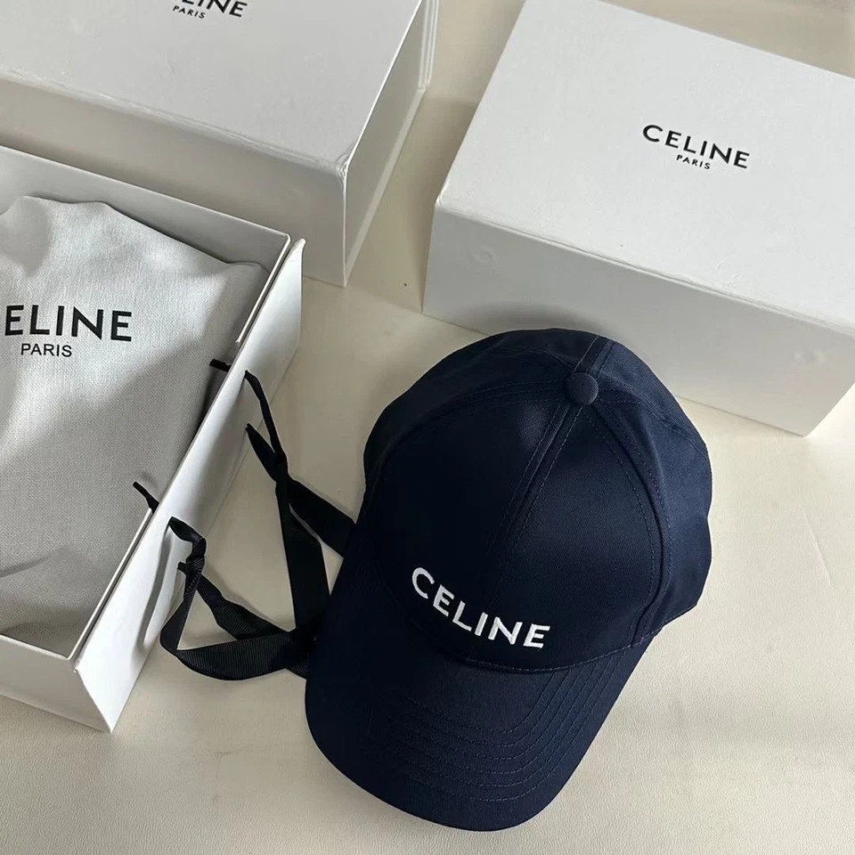 CELINE Navy Blue Cotton Baseball Cap White Logo Unisex Adjustable Luxury Hat