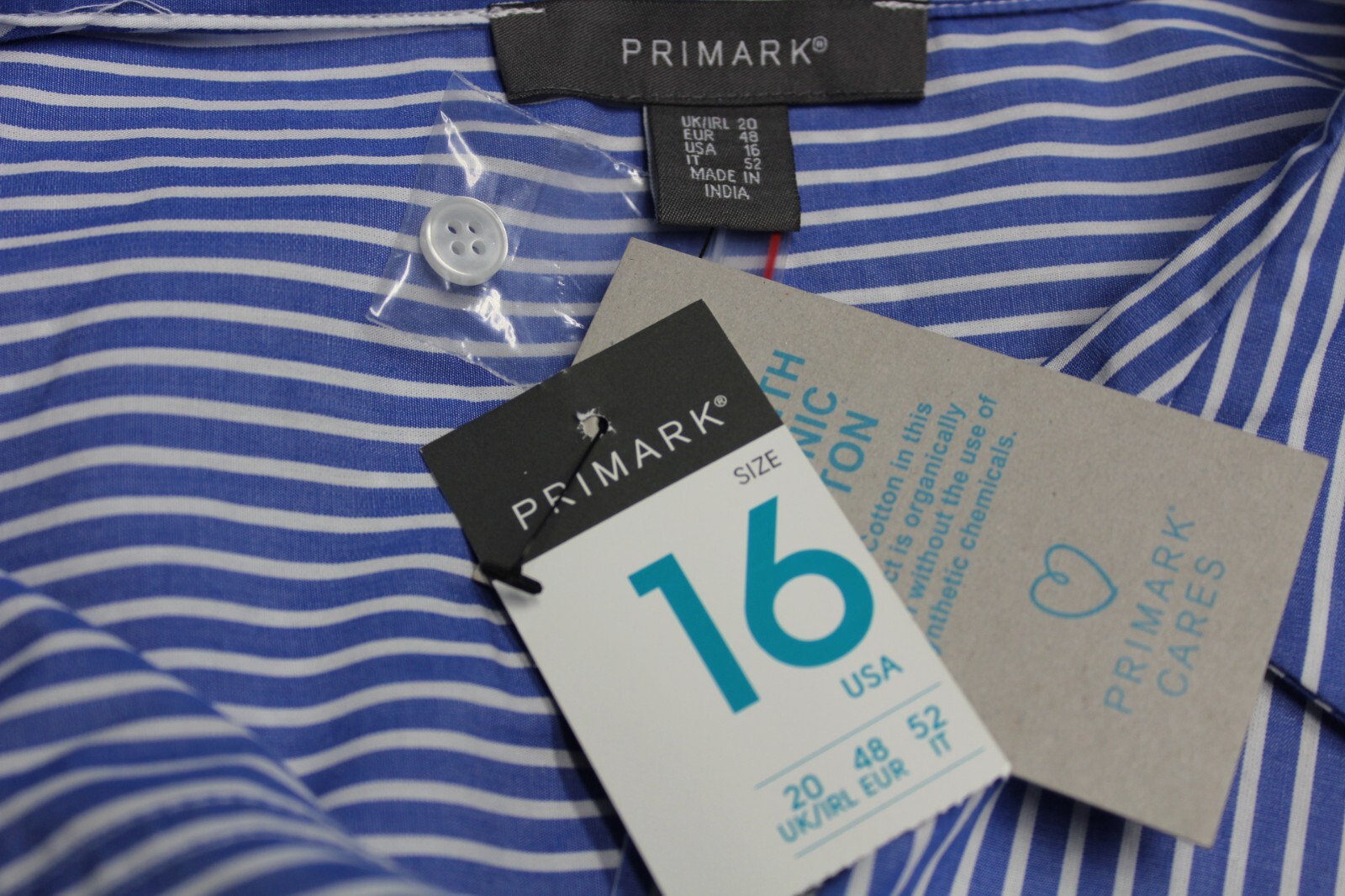 Primark 100% cotton blue striped 3/4 sleeve button front shirt 16 NWT