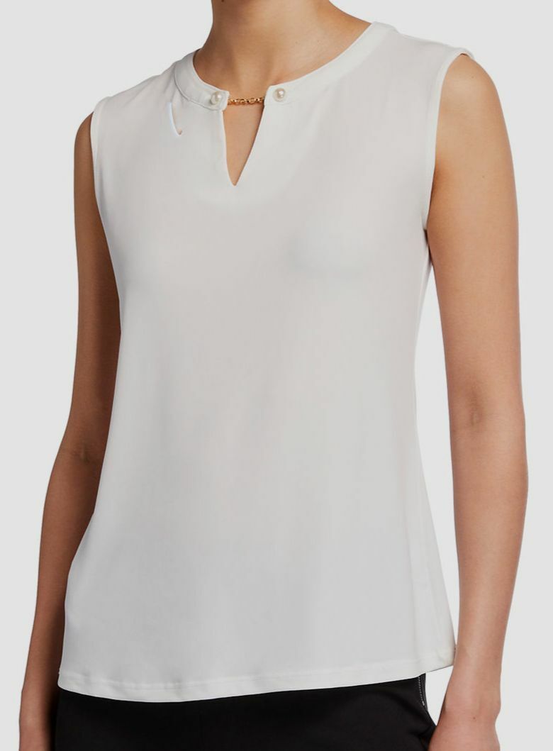 $85 Carmen Marc Valvo Women’s White Solid Sleeveless Top w/ Pearl Chain Size XS