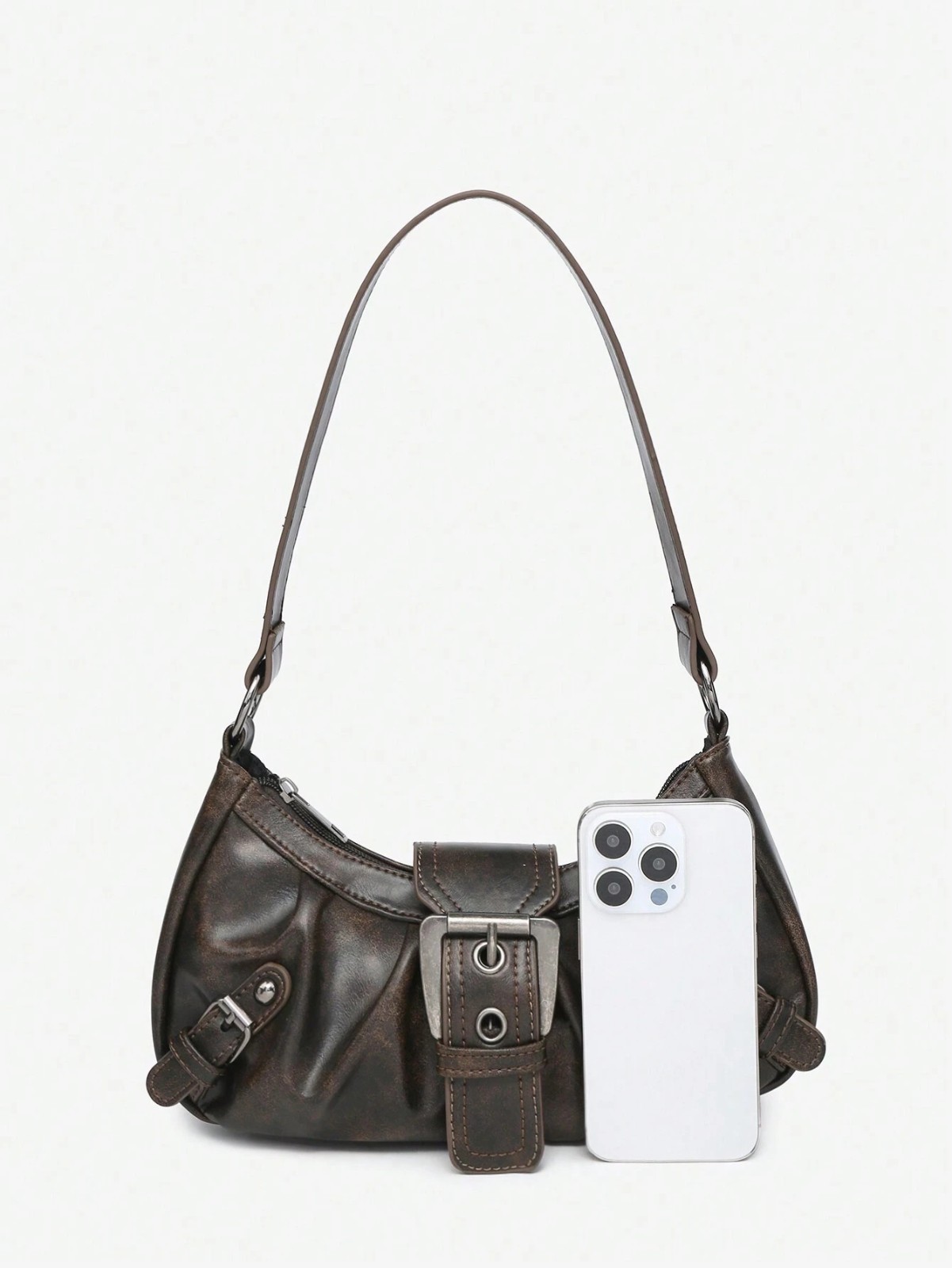 Vintage Burgundy Studded Faux Leather Motorcycle Shoulder Baguette Bag