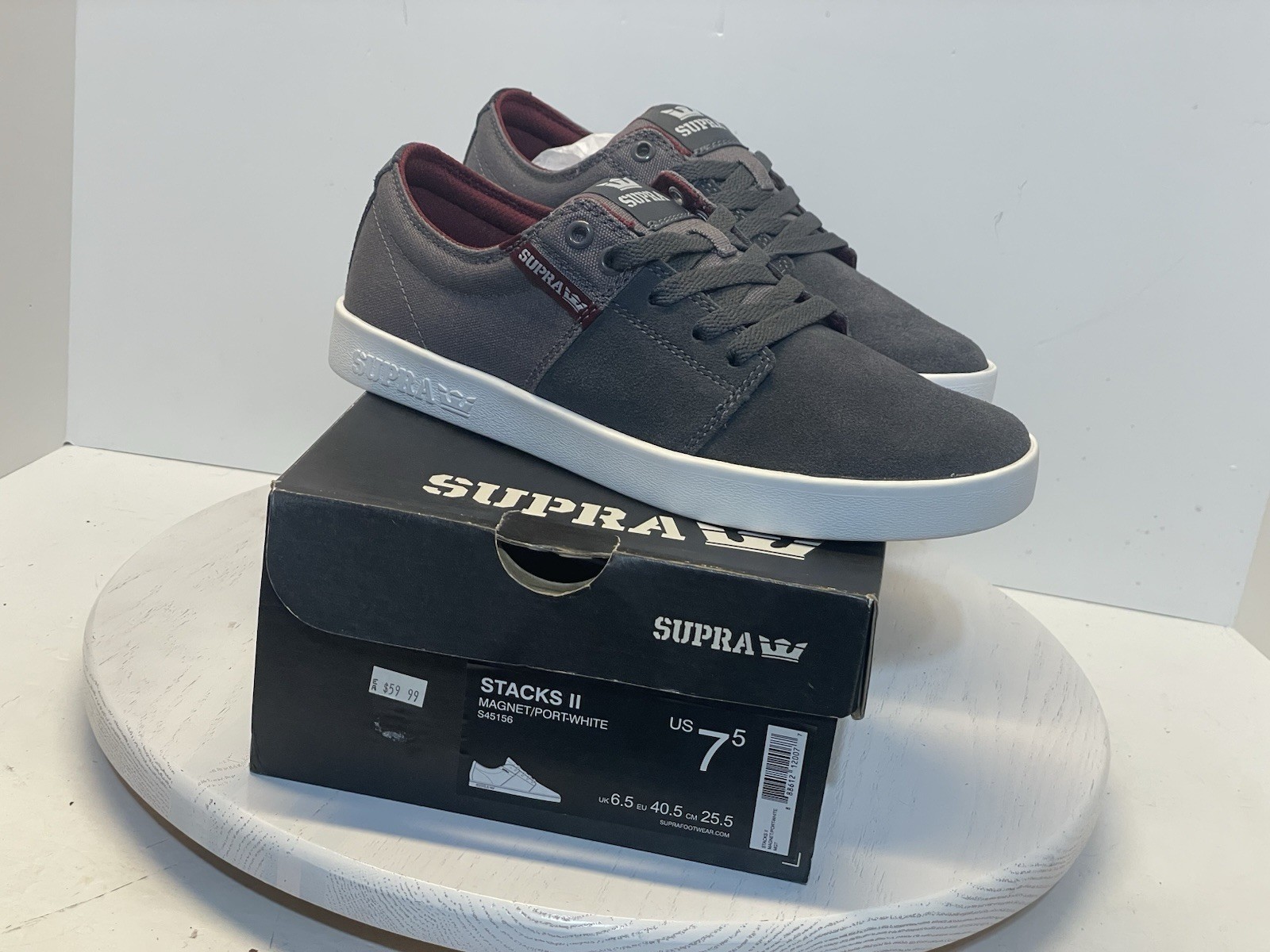 New! SUPRA Stacks 2 Magnet Gray/Port-White Skate Shoes Woman’s Sz US9.5/Mens7.5!