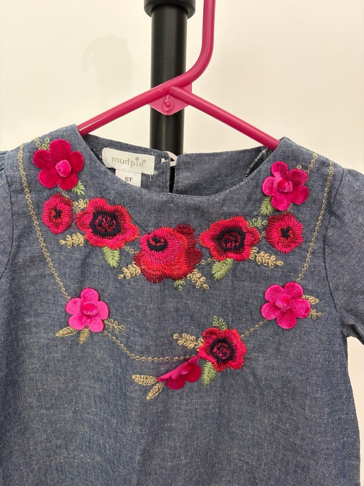 Mud Pie Girls Floral Embroidered Chambray Dress 5T Blue Cotton Long Sleeve Tunic