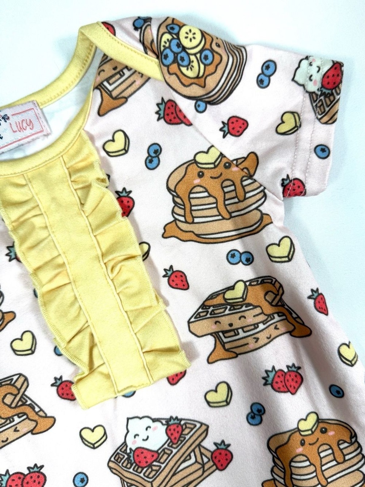 PETE + LUCY Girls Pancake Waffle Breakfast Ruffle Romper 0-3M Cottagecore Kawaii