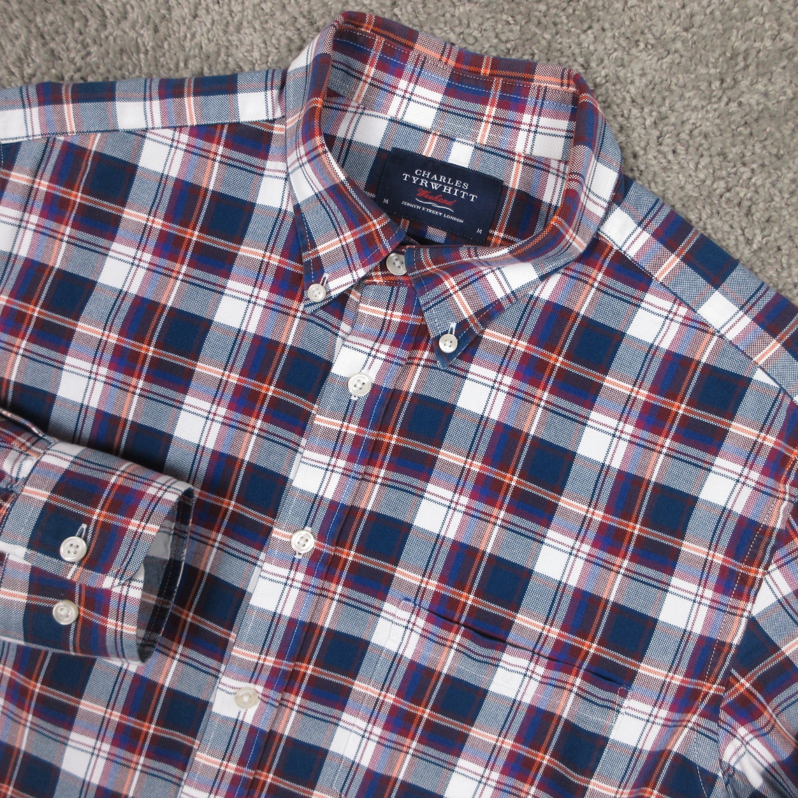 Charles Tyrwhitt Shirt Mens Medium Blue Plaid Oxford Cloth Weekend Button Up EUC