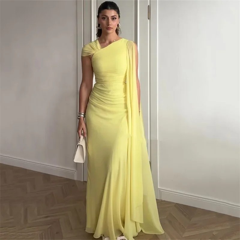 Elegant Yellow Prom Gowns Cape Sleeve Chiffon Evening Formal Party Dresses