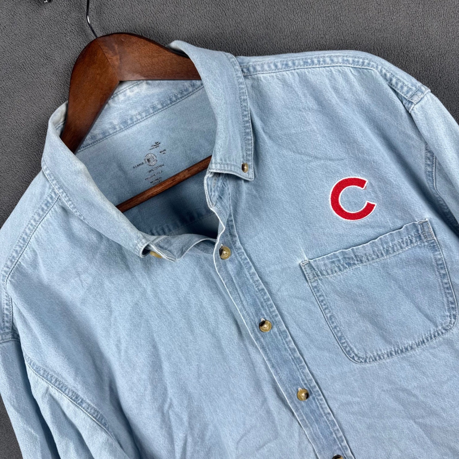 Stitches Chicago Cubs Denim Button Down Shirt Mens XL Light Wash MLB Cotton