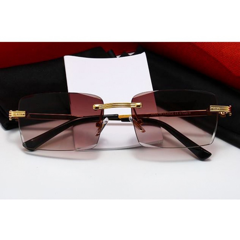 Rimless Gold Wire Frame Luxury Brown Gradient Tint Hip Hop Shades Sunglasses