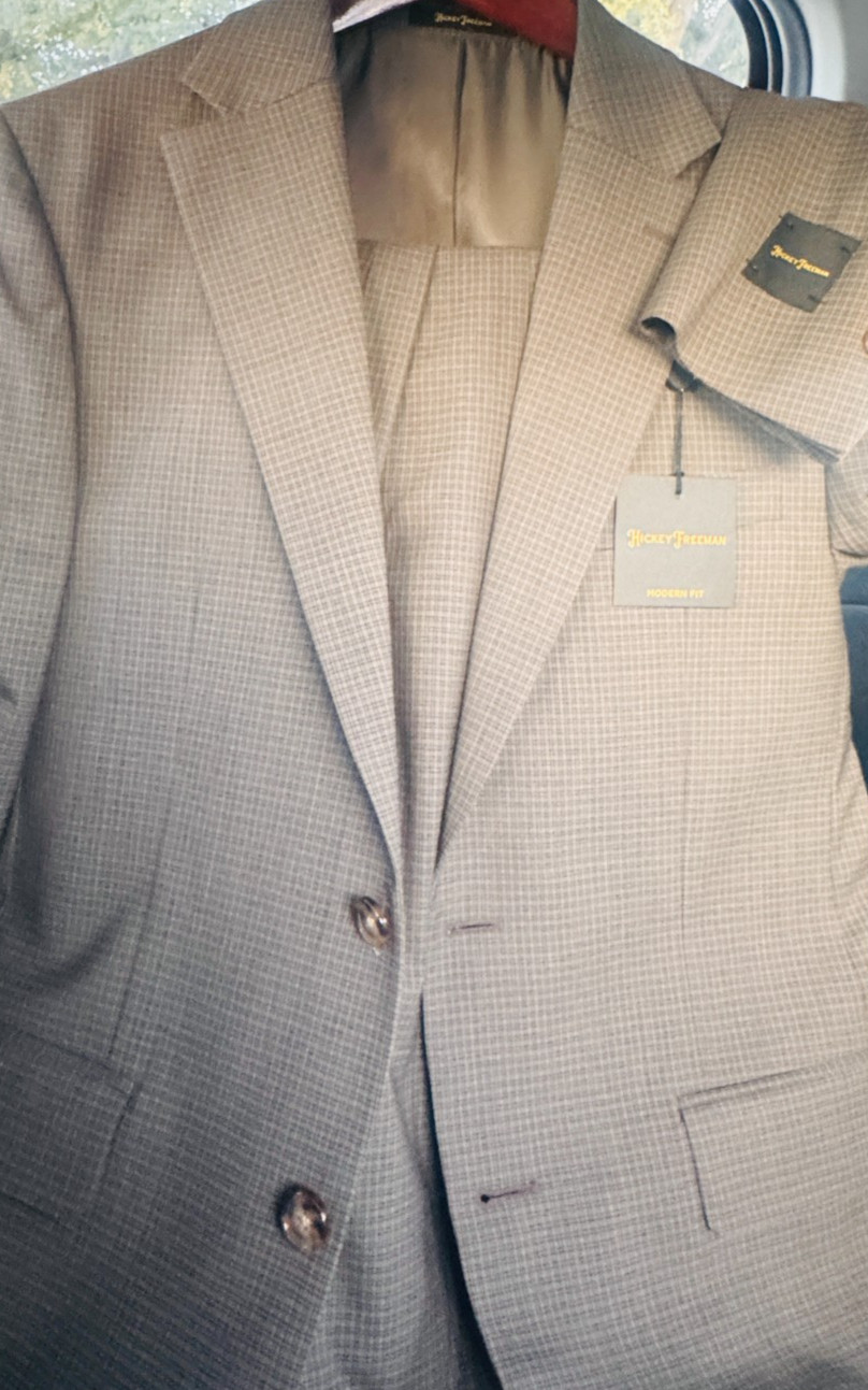 Hickey Freeman Hudson Suit 38R 32W New Taupe Brown Plaid Glen Check Wool Spandex