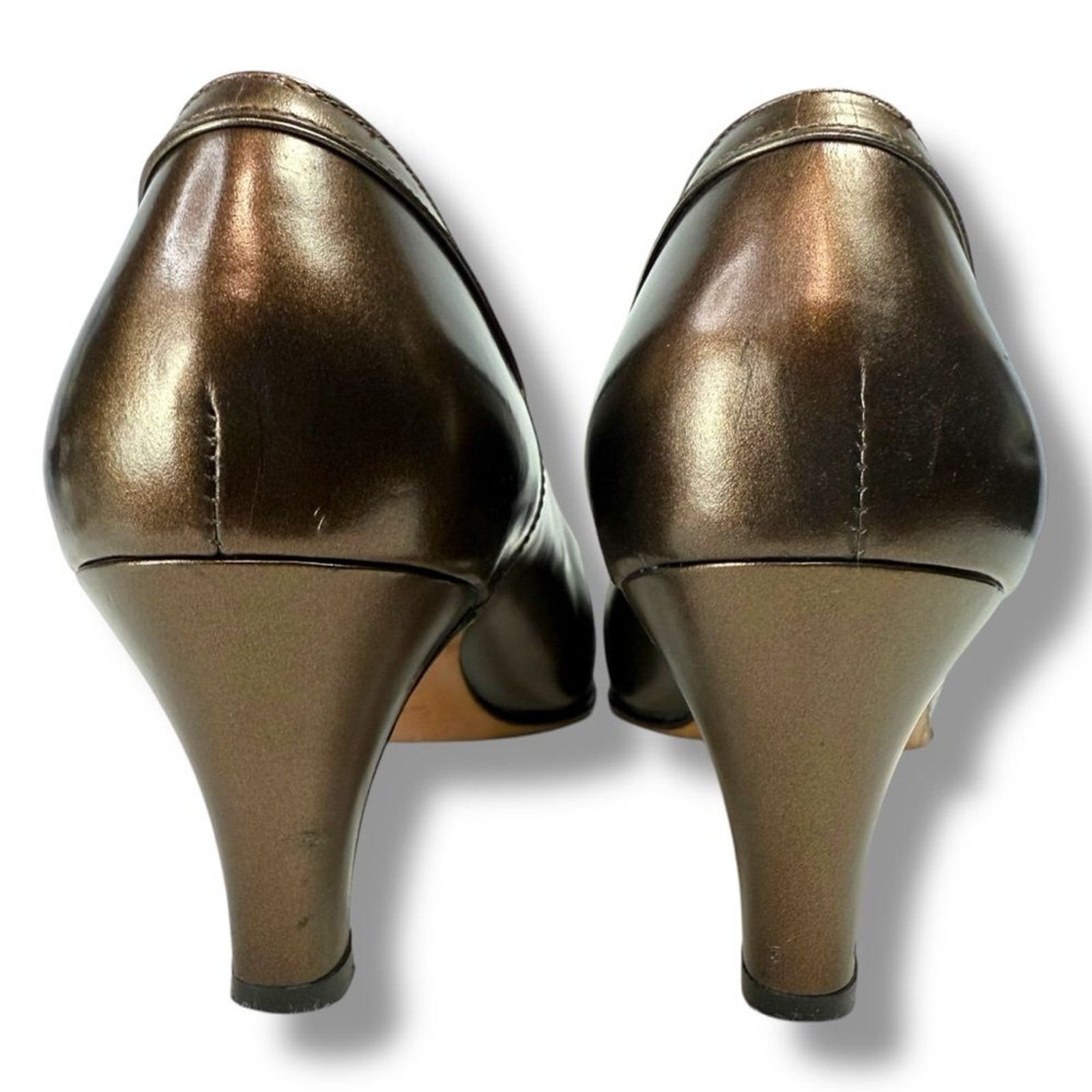 Salvatore Ferragamo Italian Leather Pumps Bronze Luxury Heels 6.5 AA Narrow