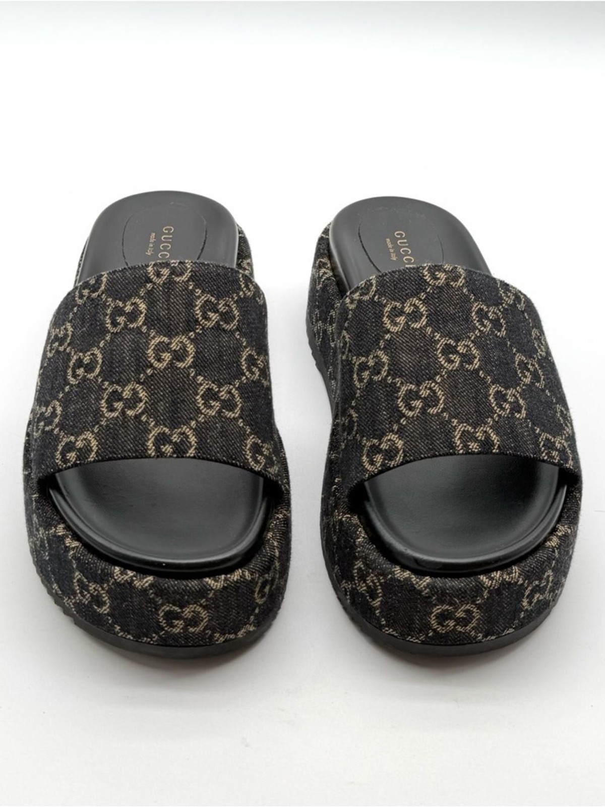 Gucci Angelina GG Monogram Platform in Black Denim Slide Sandals EU 39.5 US 9.5