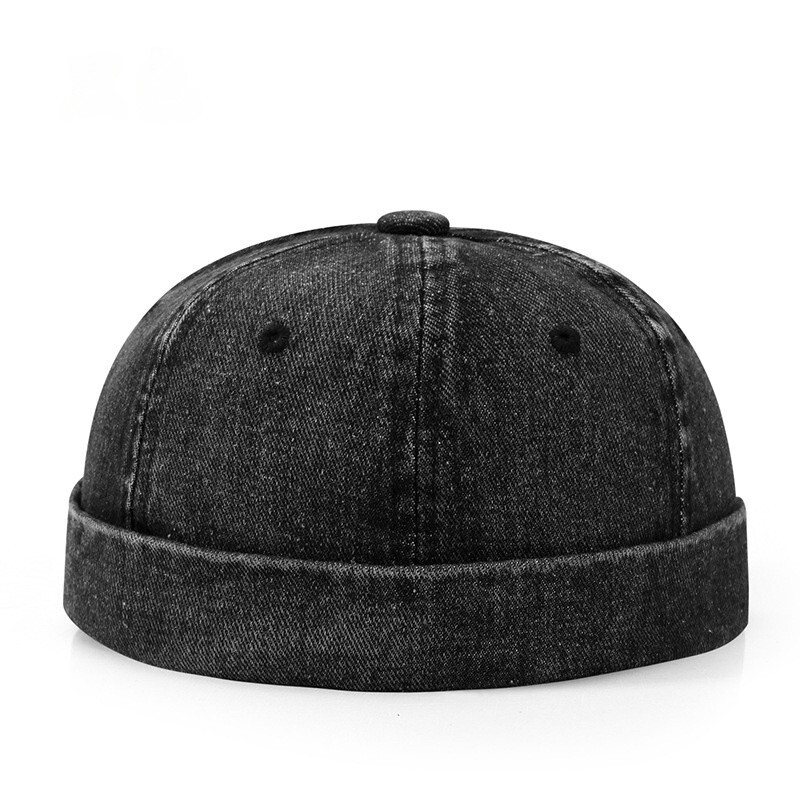 Men Denim Retro Brimless Hat Skull cap Sailor Cap Beanie Rolled Cuff Adjustable