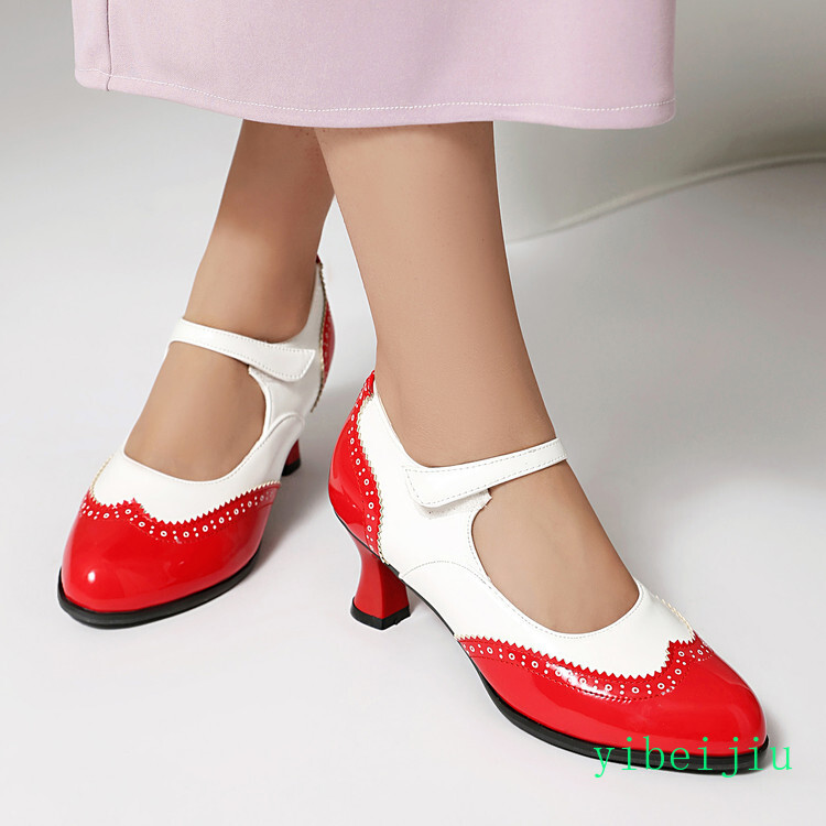 Womens Mid Kitten Heel Mary Jane Patchwork Leather Shoes Sweet Candy Two Tone OL