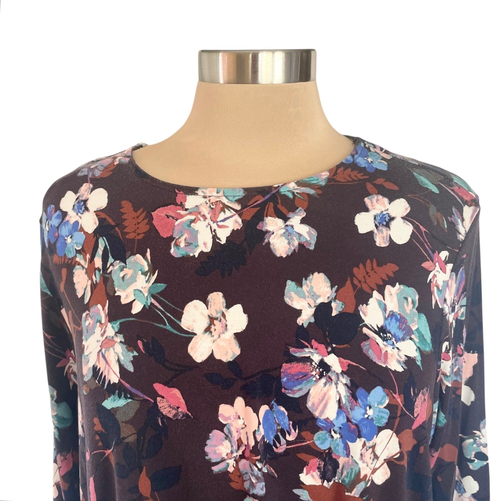 J. Jill Wearever Brown Blue Floral 3/4 Sleeve Tee Sz XLp Casual Office Work Wear