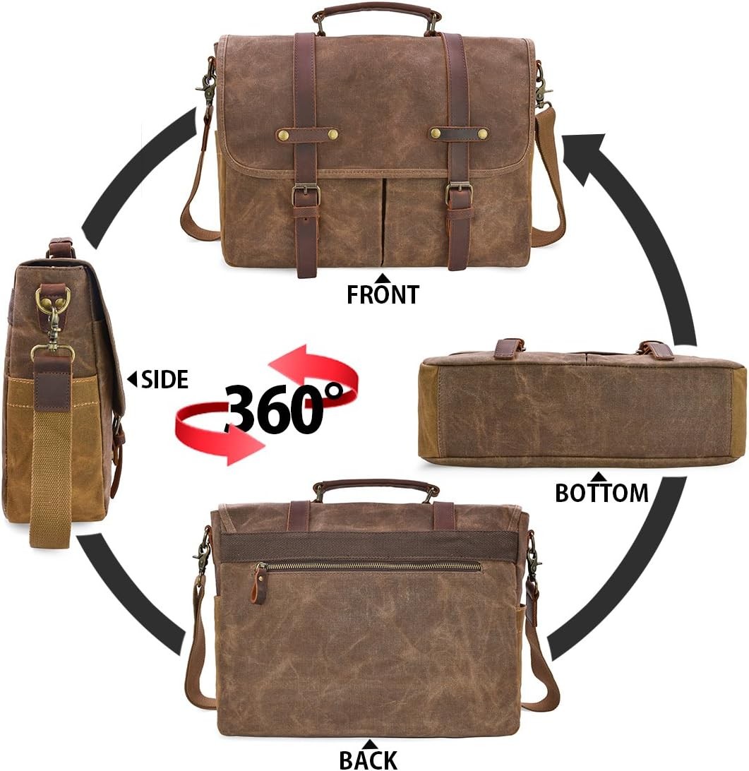 Waterproof Vintage Genuine Leather Messenger Bag 15.6 Inch Laptop – Brown
