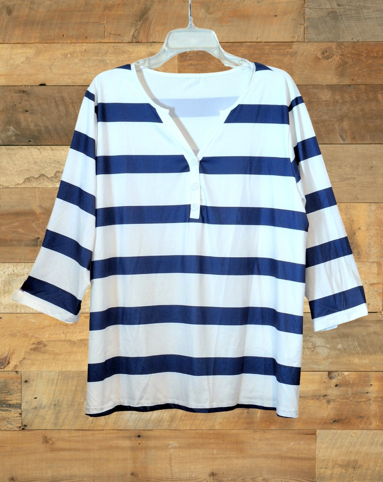 Blue & white wide horizonal striped shirt, 3/4 length sleeves, v-neck, Sz. 3XL