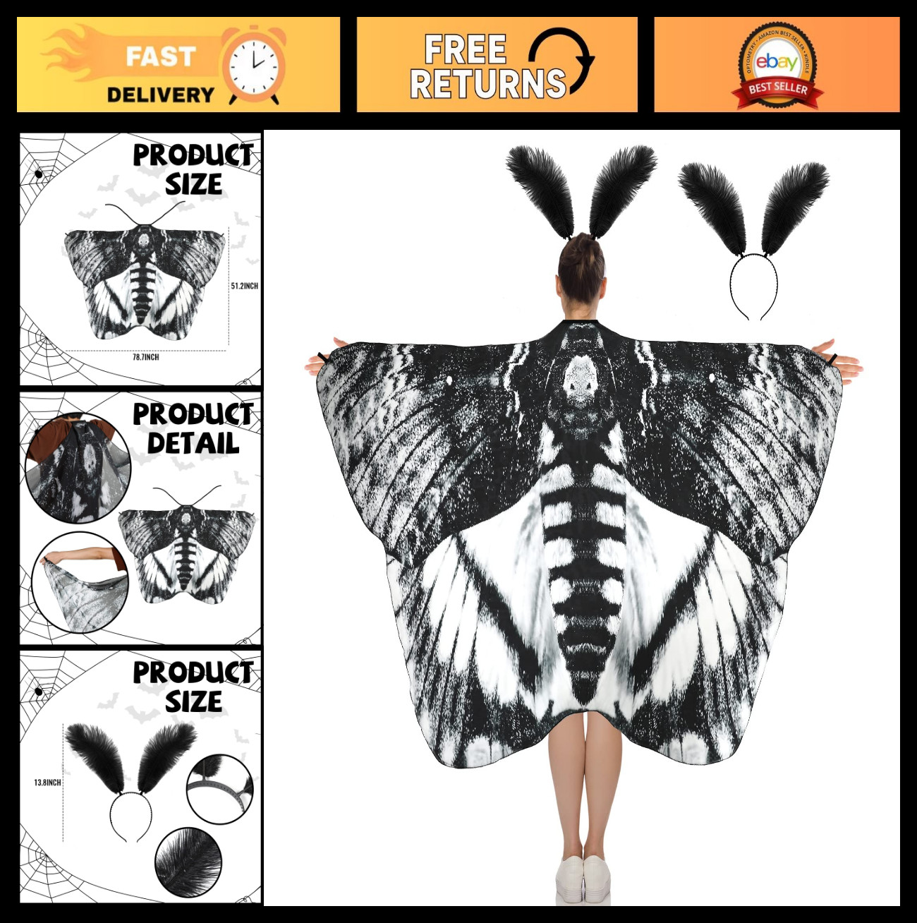 2 Pcs Halloween Moth Butterfly Wings Cape Costume with Feather Ant Headband