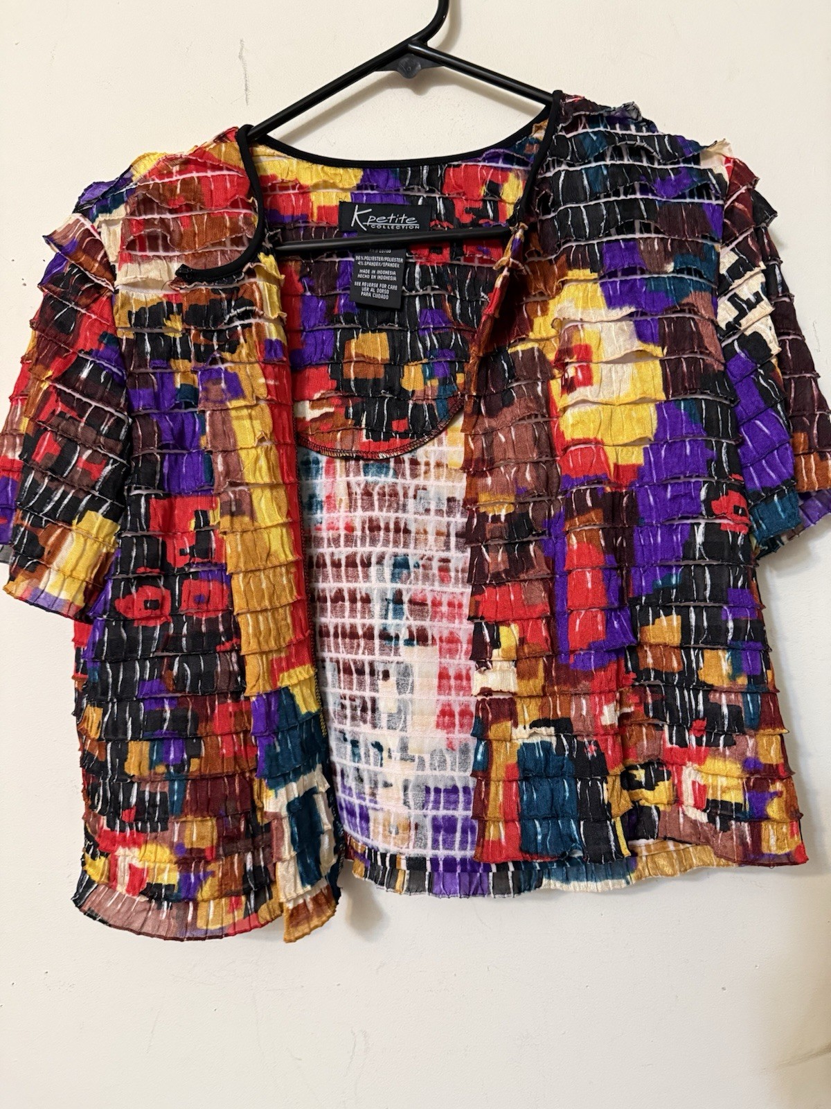 K PETITE COLECTION S /SLEEVE SHRUG BOHO MOD COLORFUL LIGHT WEIGHT WORK TRAVEL 10