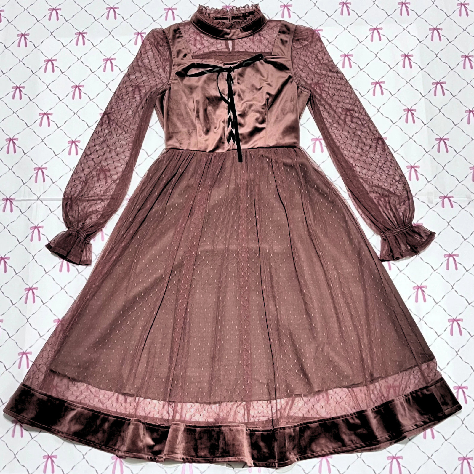 Velour Lace Long Dress Red M Elegant Kawaii Jashion Party Feminin