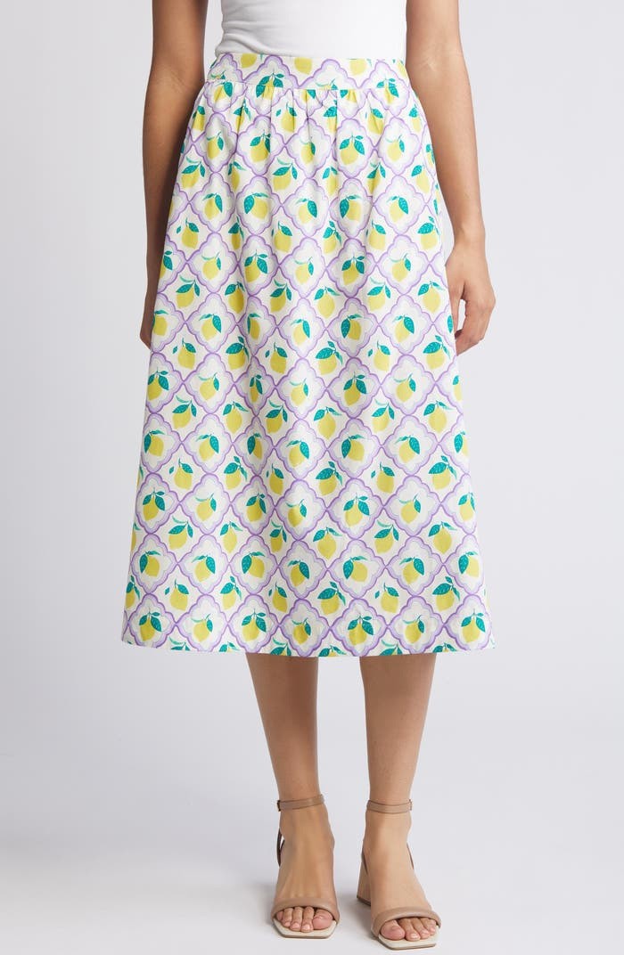 Boden Hattie Yellow Purple Poplin Fruit Lemon Midi Skirt Size 22 Long