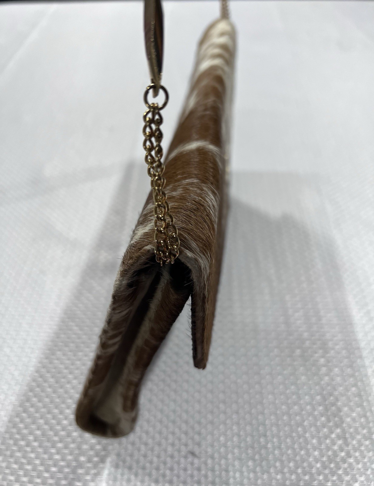 Brown & White Cowhide Hair-On Hide Clutch Shoulder Bag w/ Chain Strap Snap