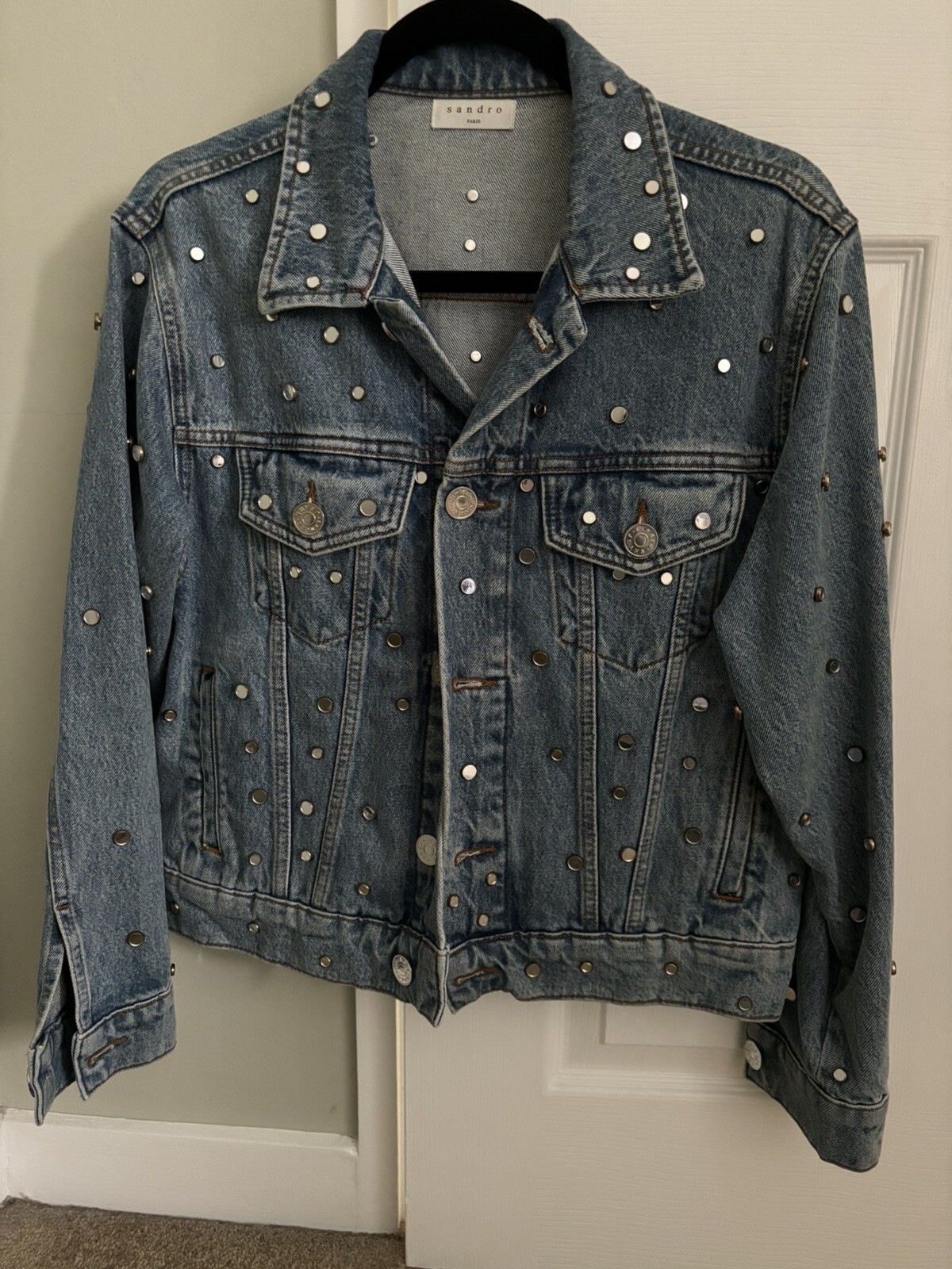 Sandro Paris Blue Denim Jacket With Studded Mirrors- UK 6- Fits UK 6-10 Relaxed