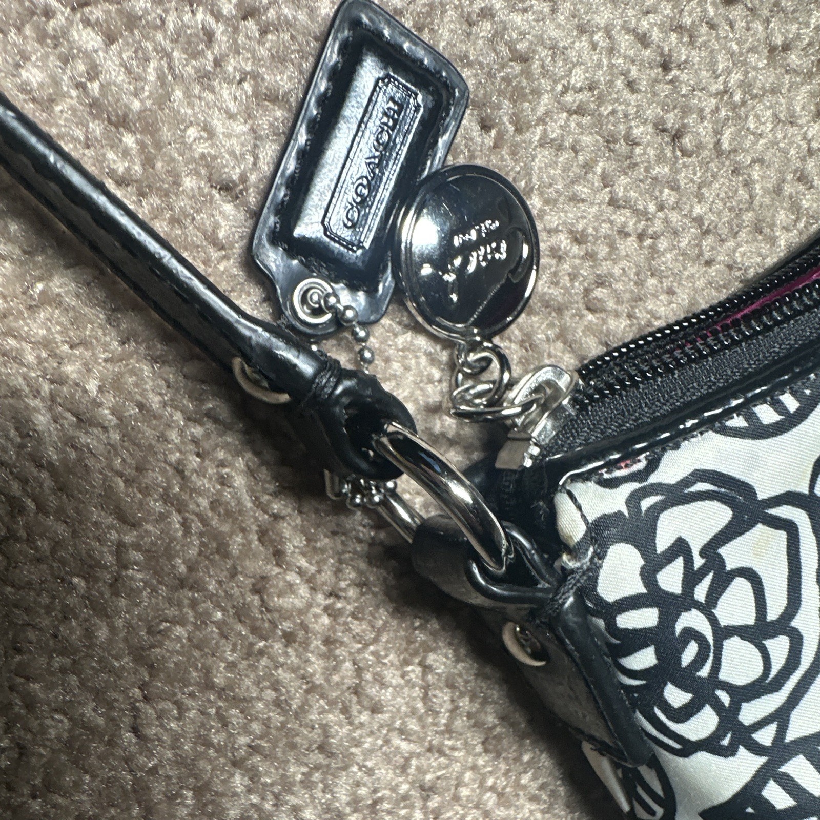 Coach Poppy Graffiti Floral Print Satin Shoulder Bag Zip Bag w/ Pink Lining