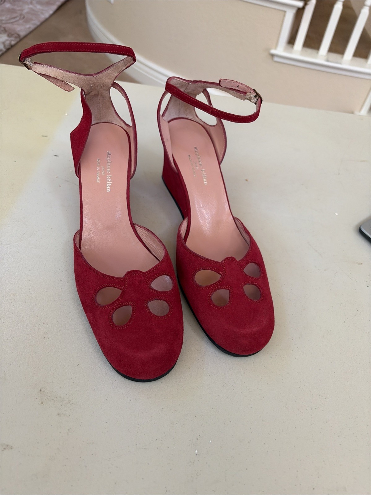 Stephane Kelian Made in FRANCE Red Suede 2.25” Wedge shoes Womens 8.5