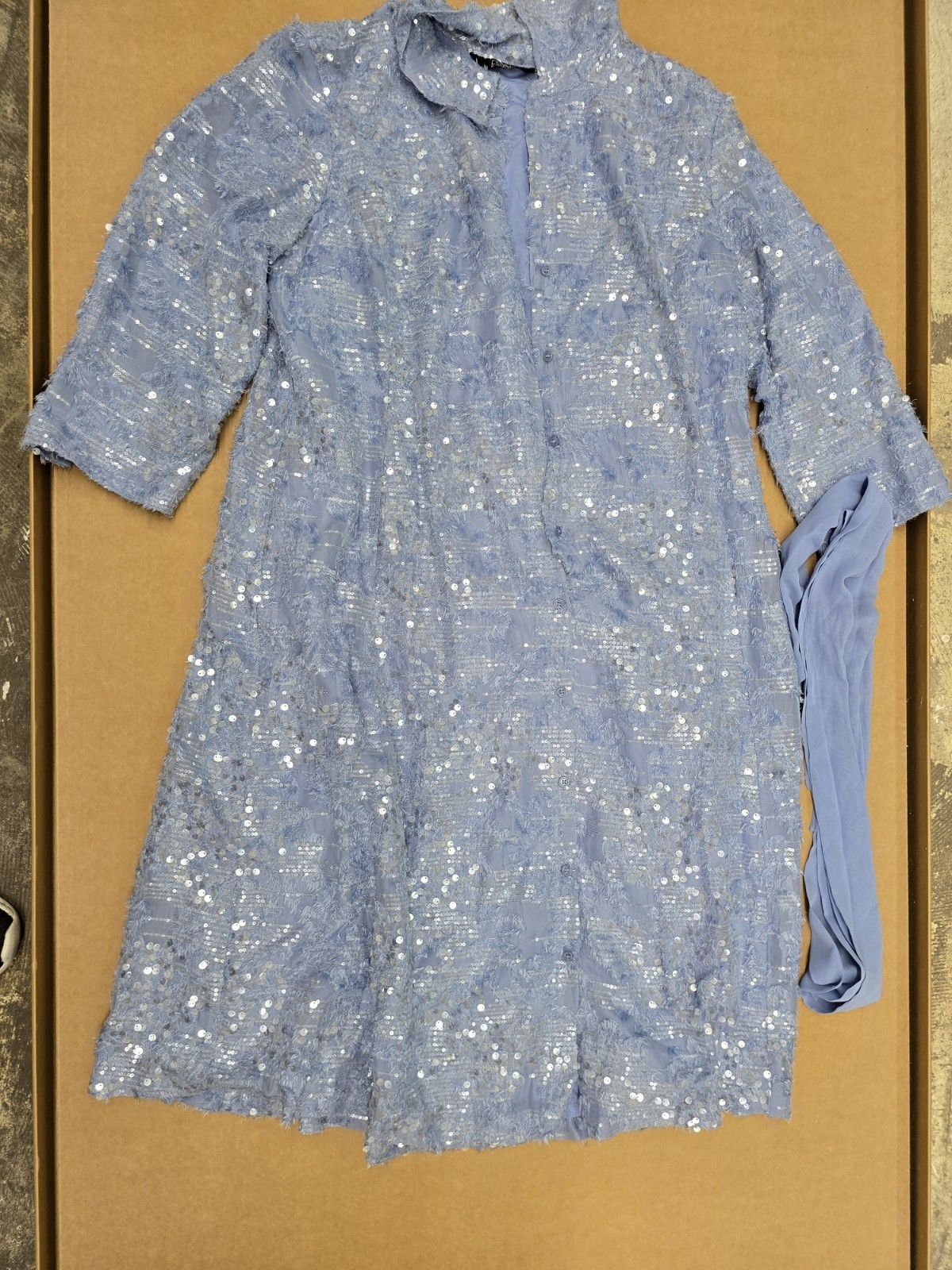 Dennis Basso Sequin Lace Collared Shirt Dress 3/4 Sleeve Belted Pockets PM