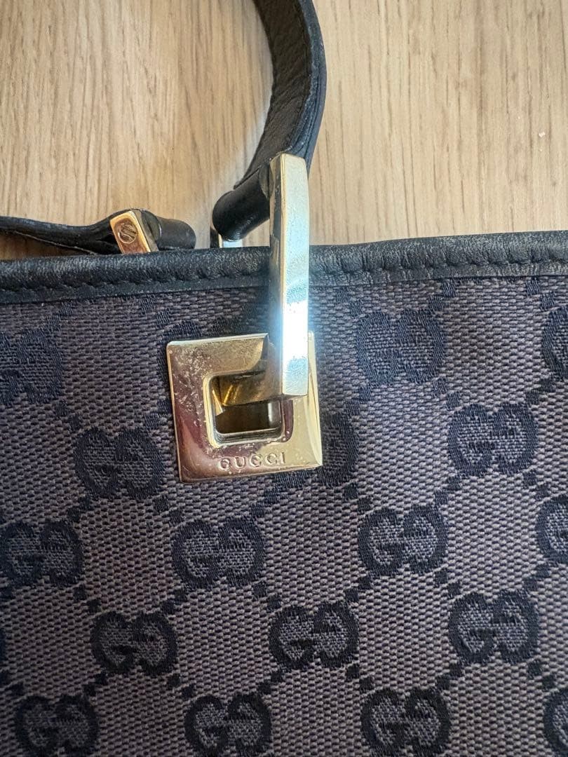 GUCCI GG Tote Hand Bag Leather Canvas Dark Brown Black Gold Hardware From Japan