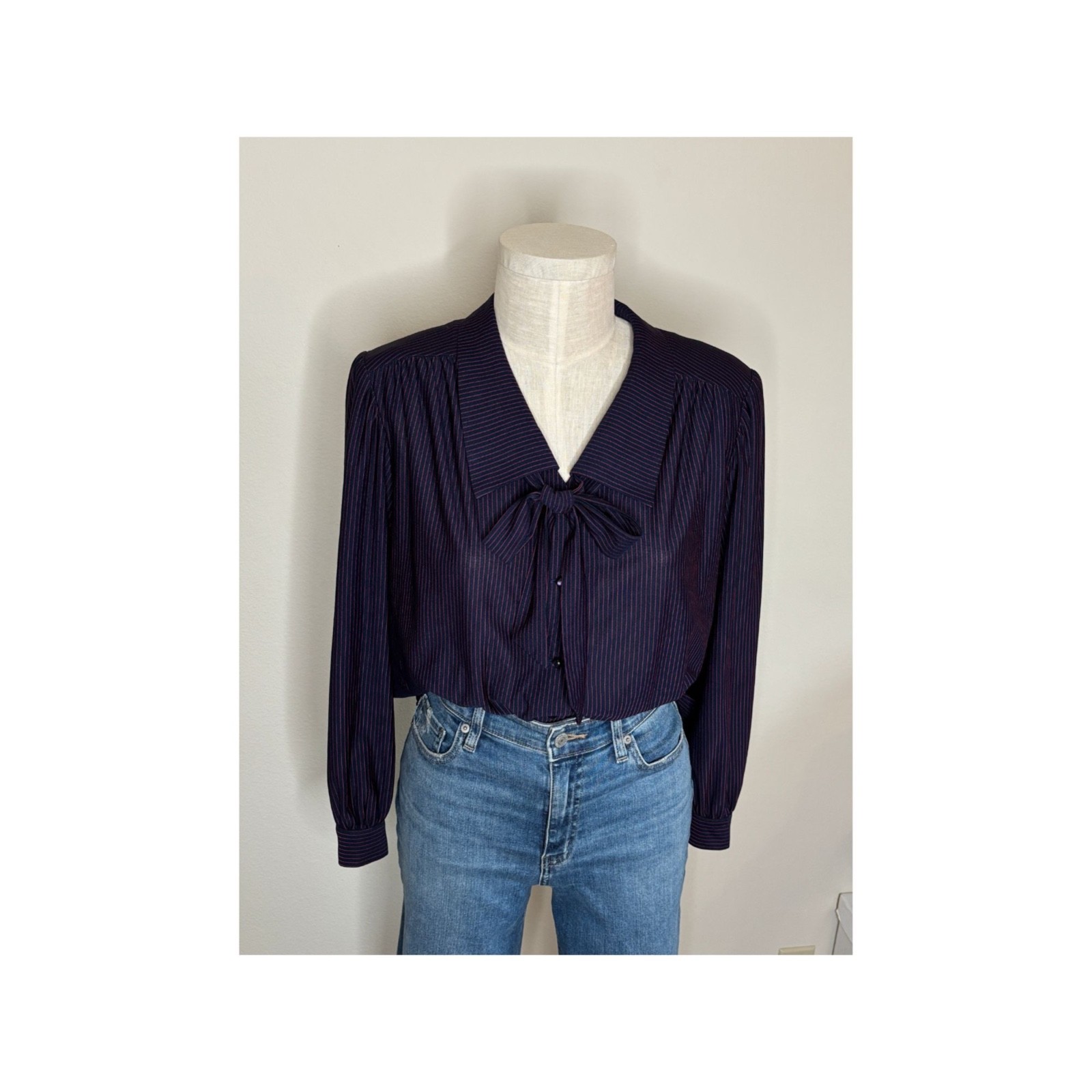 Vintage 80s TopNotch brand blouse, Deep navy and red pinstripe L