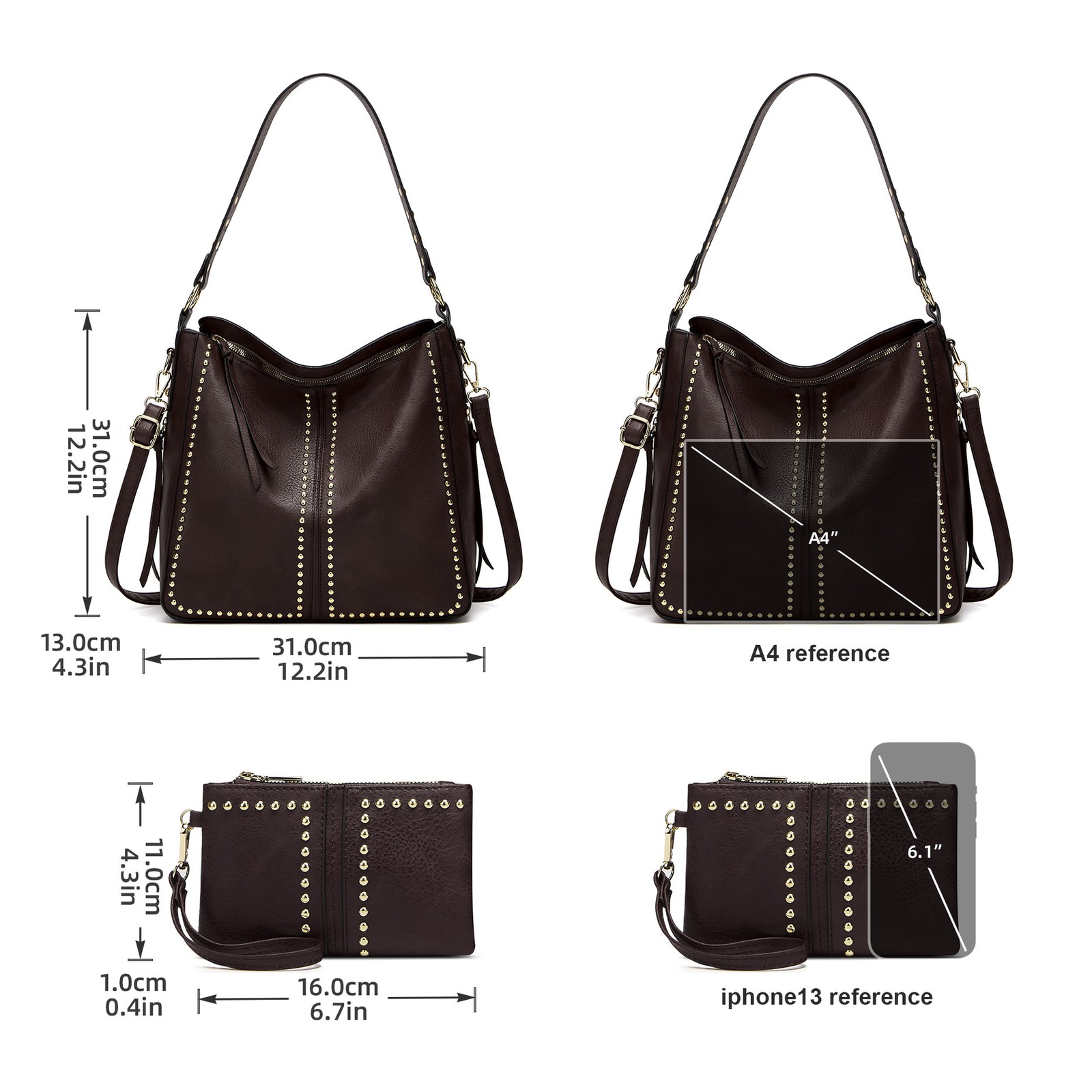 Soft PU Rivet Hobo Shoulder Bag Large Capacity Crossbody Tote Purse With Wallet