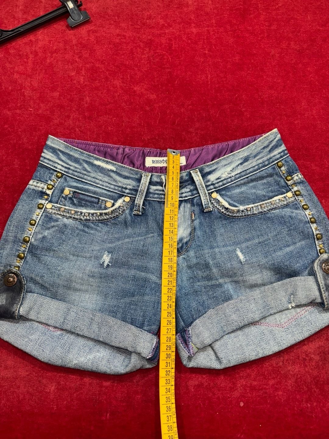 Rossodisera Low Rise Distressed Denim Studded Shorts with Zipper Pockets