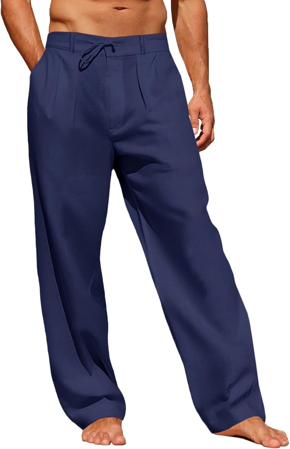 Mens Linen Cotton Casual Pants Summer Lightweight Loose Fit Elastic Waist Drawst