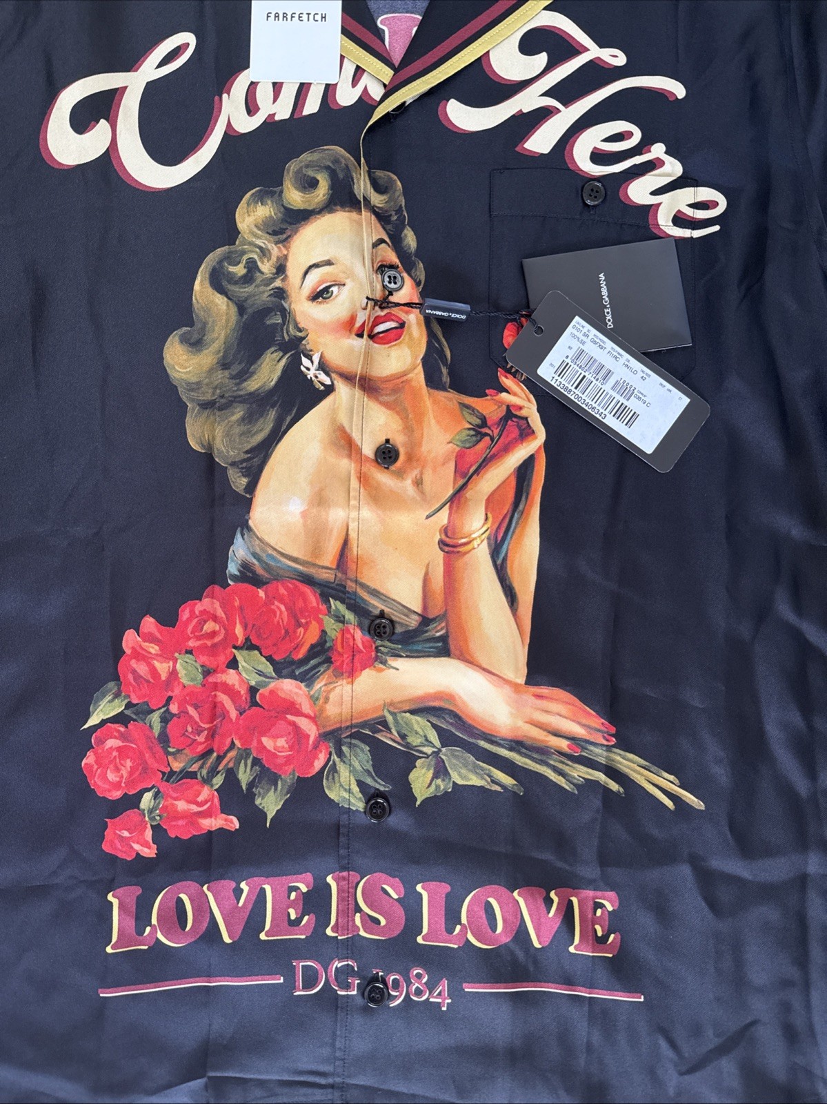 Dolce & Gabbana Silk Pin Up “Come Here” Hawaiian Shirt PTP 25” IT 42