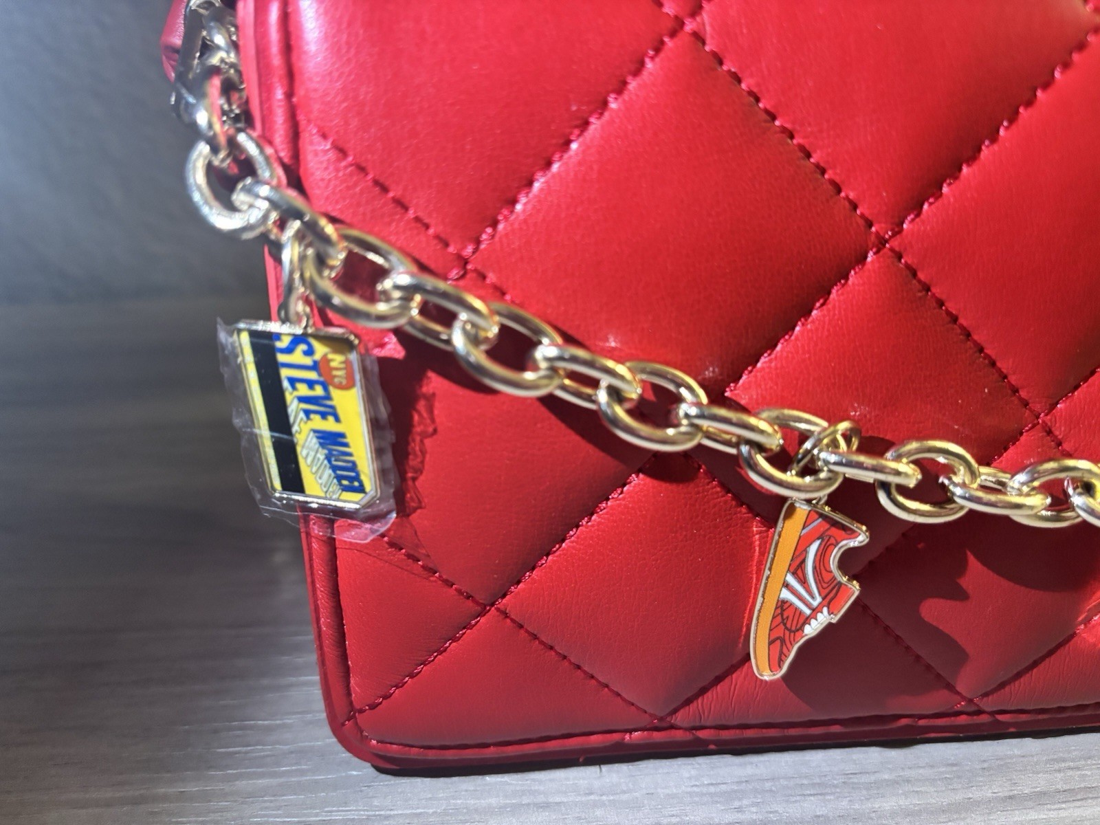 Steve Madden Red Quilted Shoulder Bag, Zip Closure,w/Charms-0126Bin5