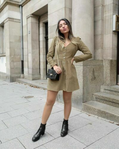 Zara Button Up Corduroy Mini Dress Green Fall Small New Retro Vintage Twee