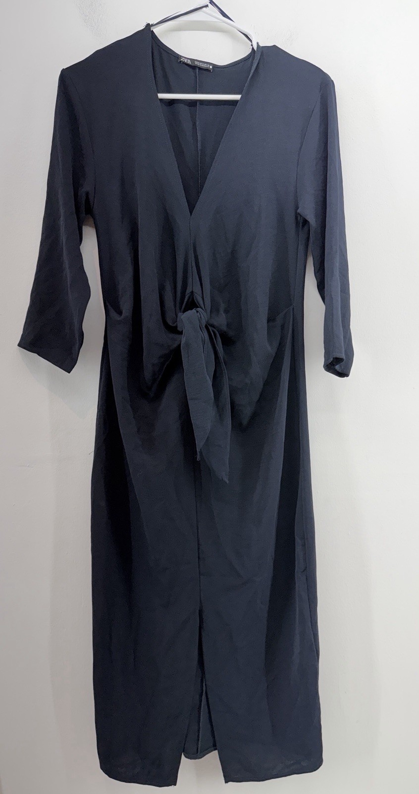 Zara Womens Black Long Sleeve Lightweight Knot Tie Front Midi Dress Size S