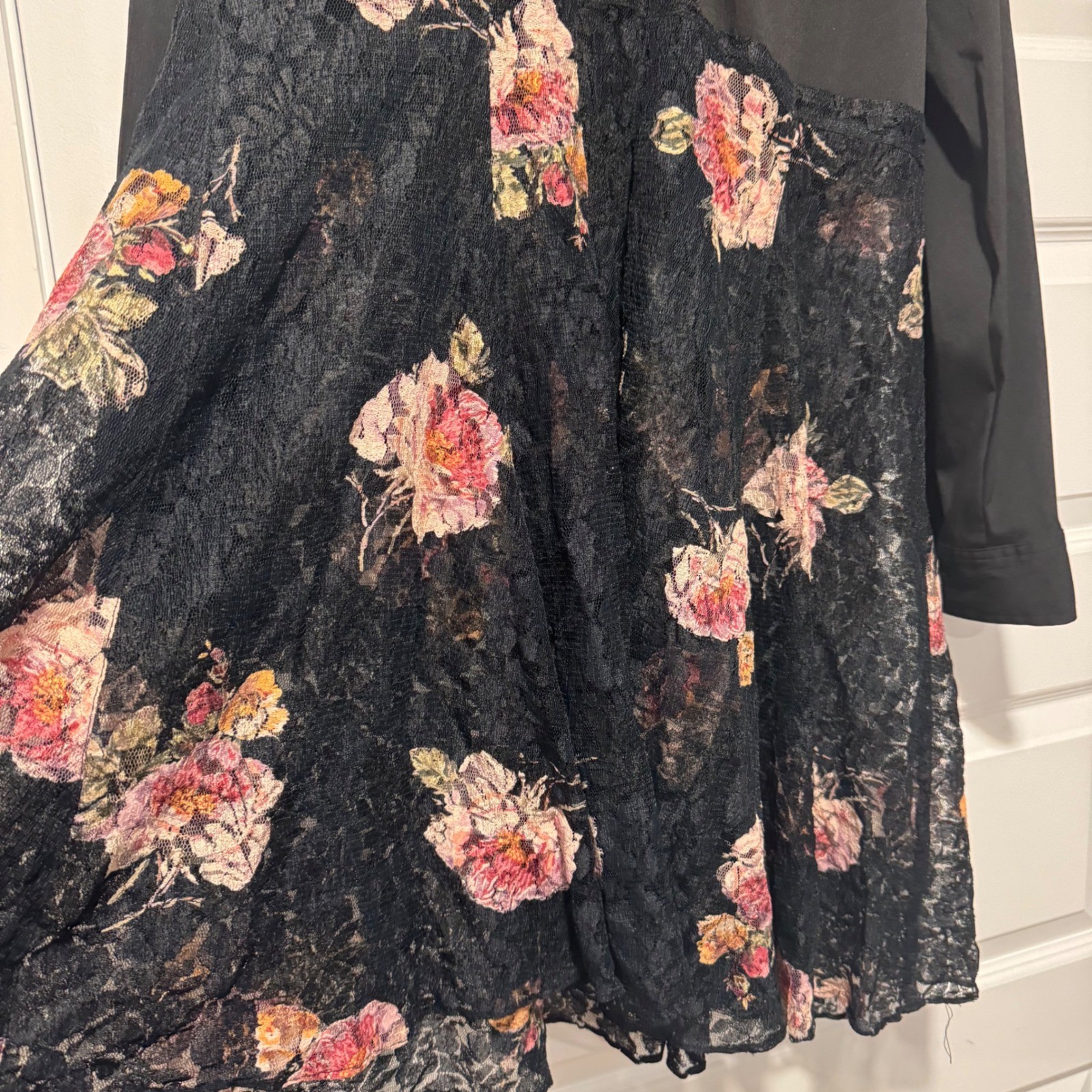 Upcycled Recycled Black Mixed Media Floral Lace Shirt Dress Tunic Embroidered