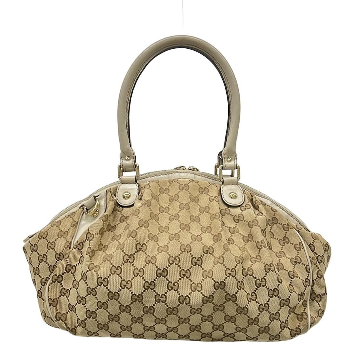 GUCCI GG Pattern Jacquard Leather Handbag Beige Brown Ivory Auth
