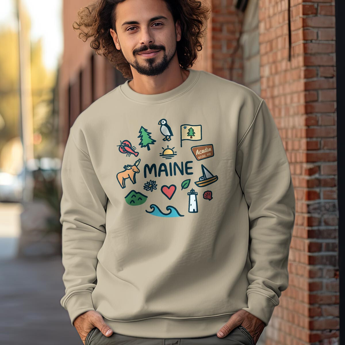 Maine Doodle Playful Icons Sweatshirt, Adult Unisex S-XXL, Cotton Poly Blend