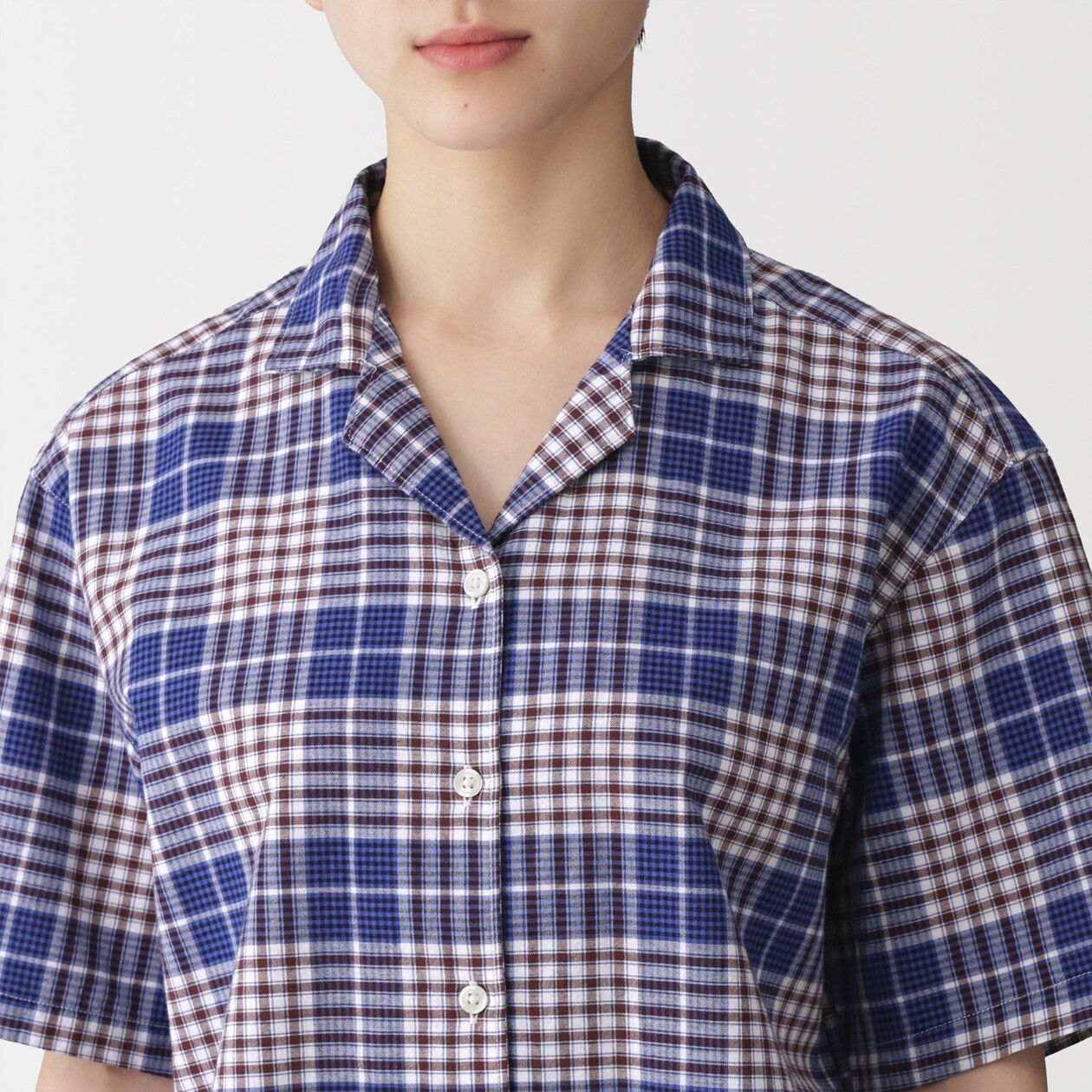 MUJI Womens 100% Organic Cotton Madras Check Cropped Shirt Blue FedEx
