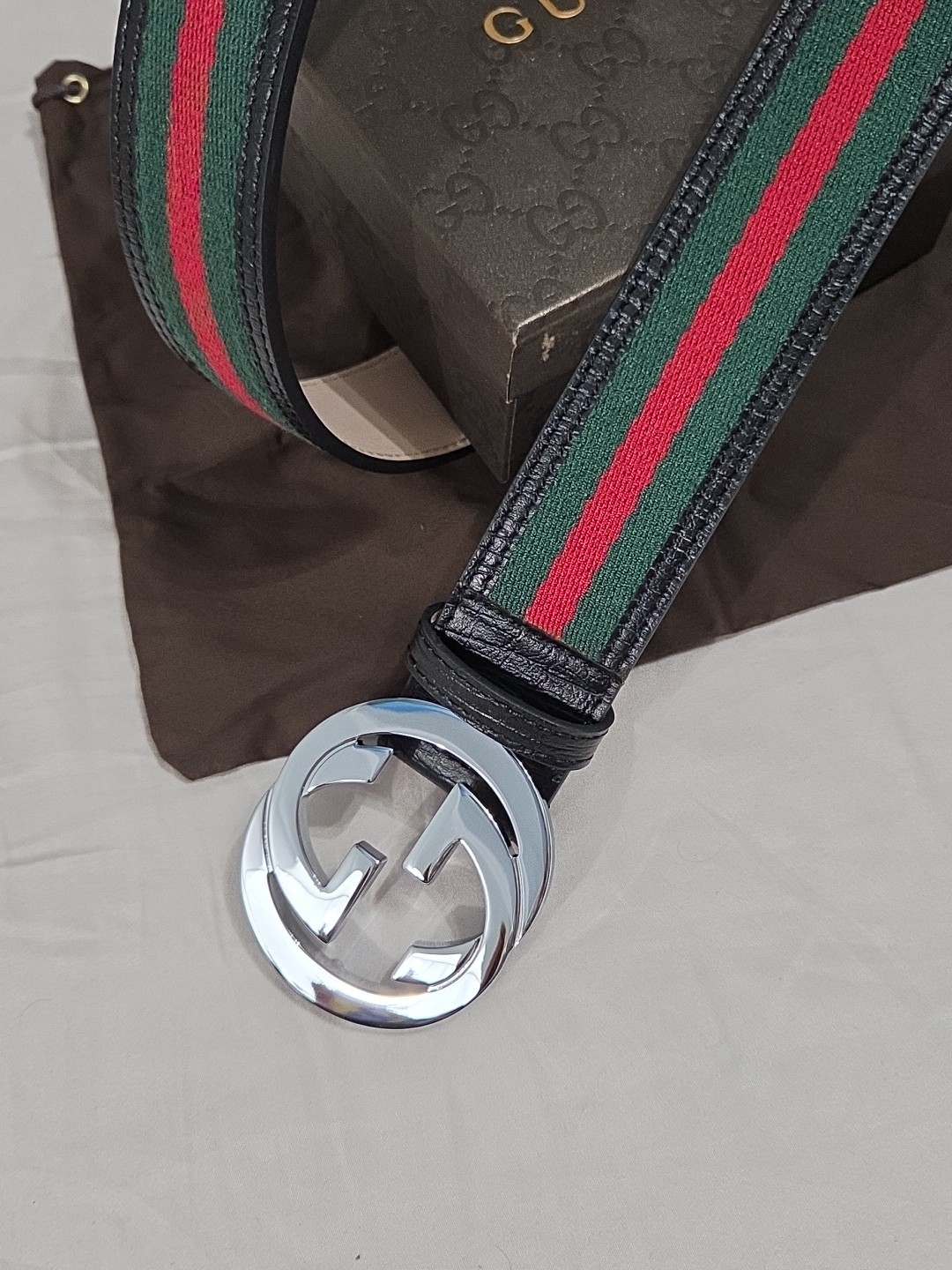 Gucci Black Green Red Striped Belt Size 38-40 IT 110CM Silver Buckle