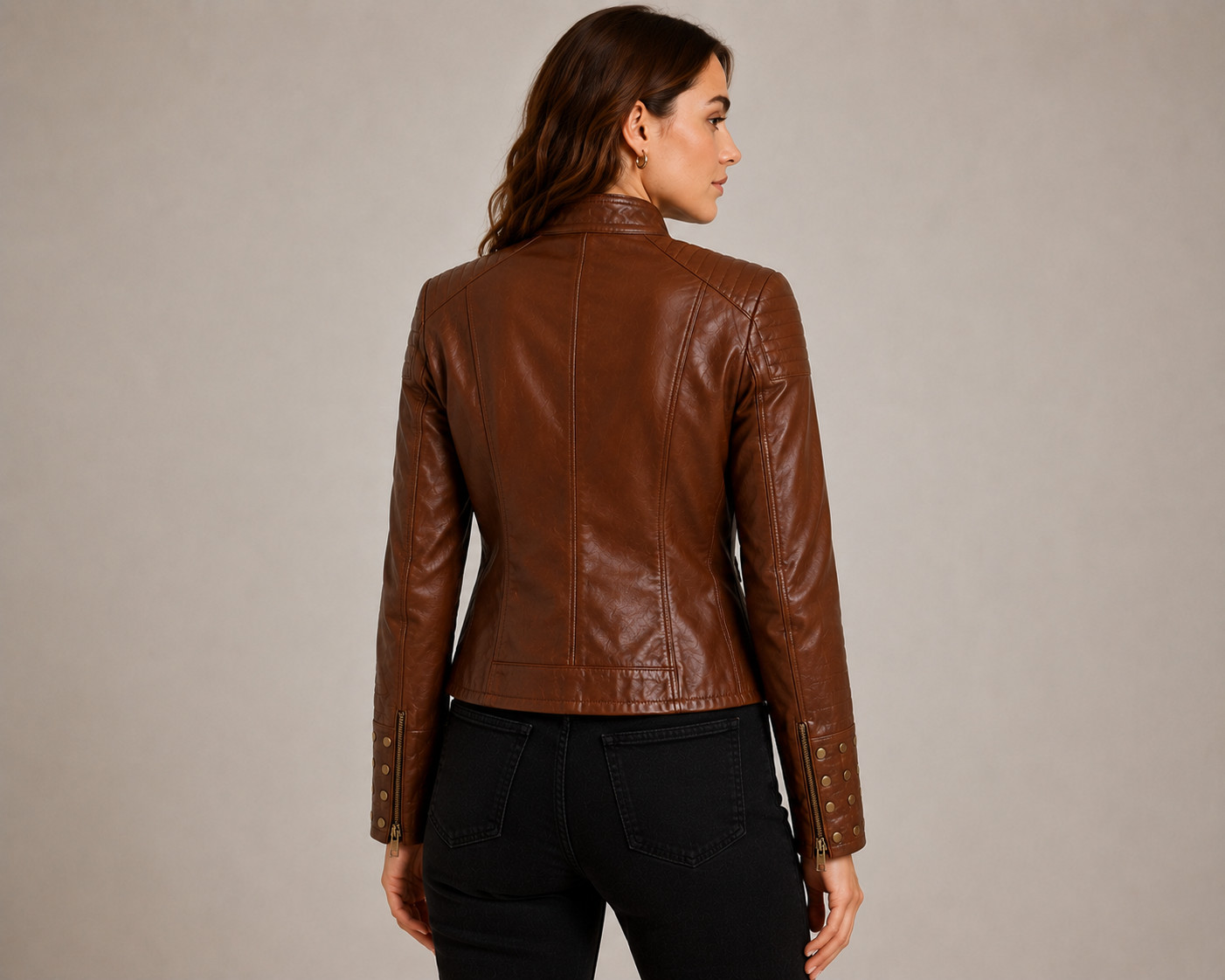 Womens Brown Leather Biker Jacket – Moto Cafe Racer – Slim Fit – Motorcycle Coat