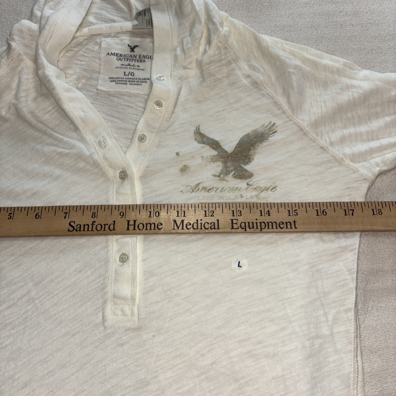 American Eagle Hooded Henley Top Long Sleeve Logo Kangaroo Pocket Size L NWT
